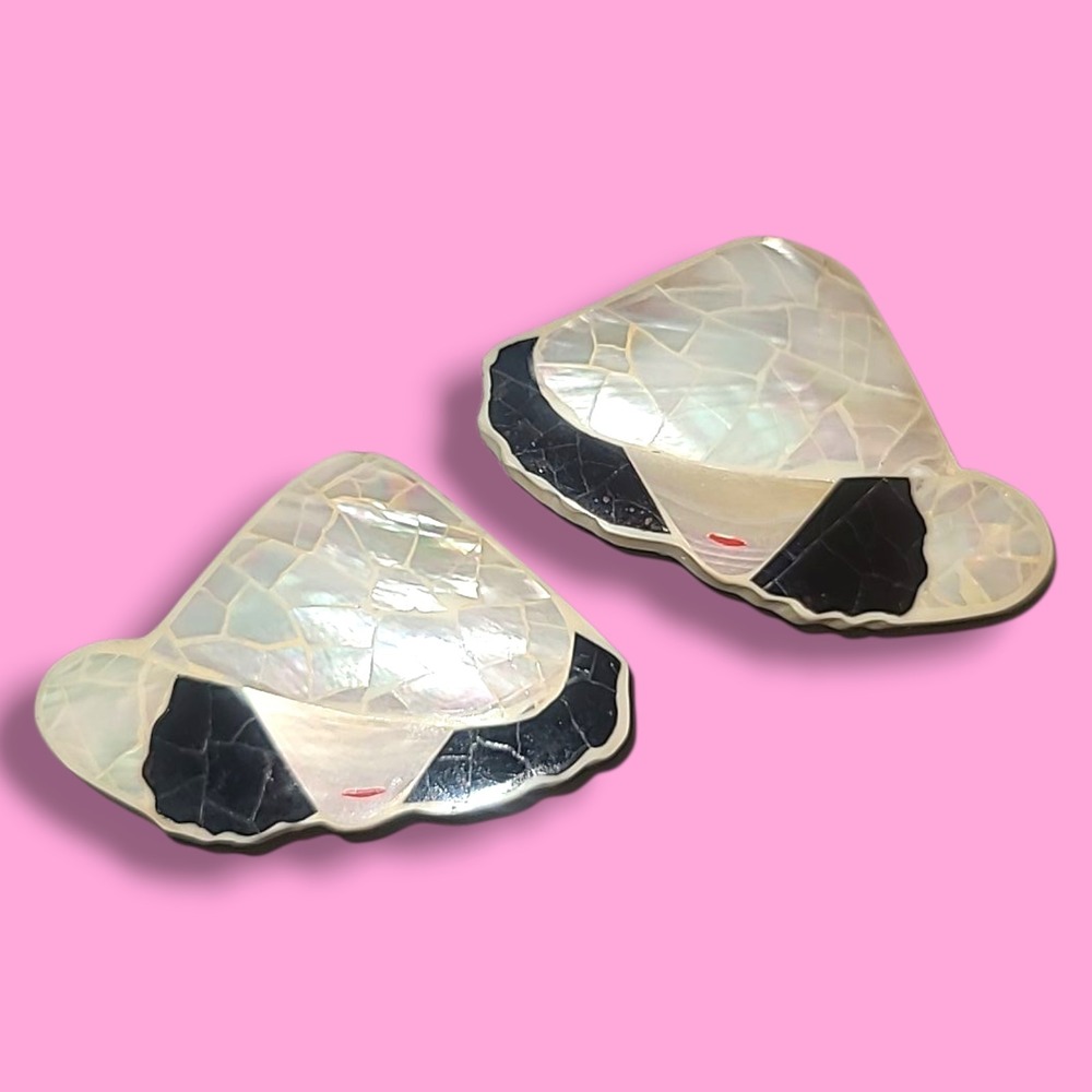 Vintage Mother of Pearl Clip On Earrings Woman Wearing a Hat Costume Jewelry